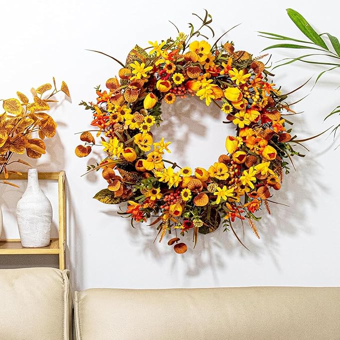 22 Inches Fall Wreaths for Front Door Rustic Autumn Wreath Farmhouse Fall Floral Wreaths with Tulips Orange Wildflowers for Wall Window Porch Indoor Outside-CasaMuseHome