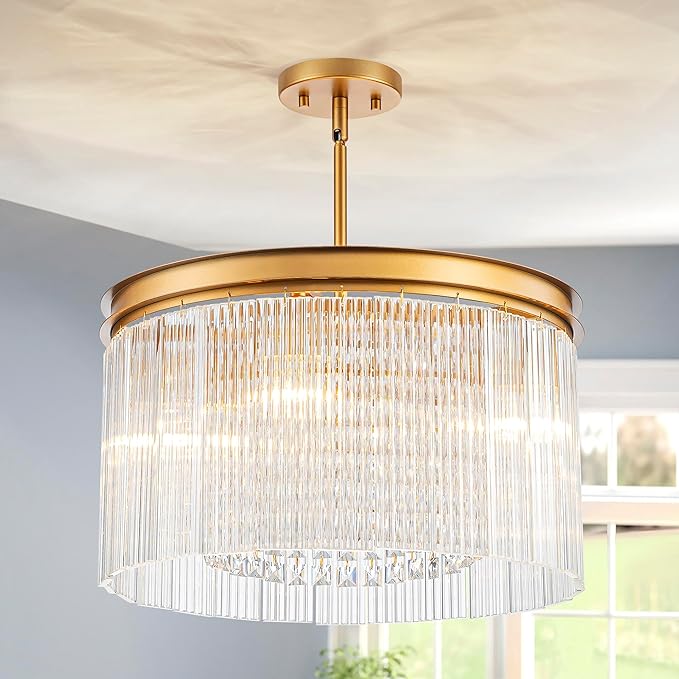 4-Lights Drum Glass Chandelier, Modern Style Light Fixture for Dining Room, Bedroom, Ripple Glass Shade & Brass Finish, D16.5 * H18~48 inch (Adjustable Height)-CasaMuseHome