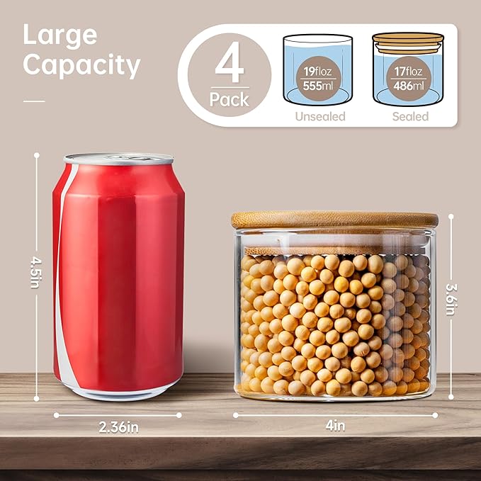 17oz - 4 Pack Glass Jars with Bamboo Lids, Glass Food Storage Containers with Airtight Lids, Air Tight Pantry Storage Containers for Coffee, Sugar, Spice, Meal Prep Jars for Salad & Fruit-CasaMuseHome