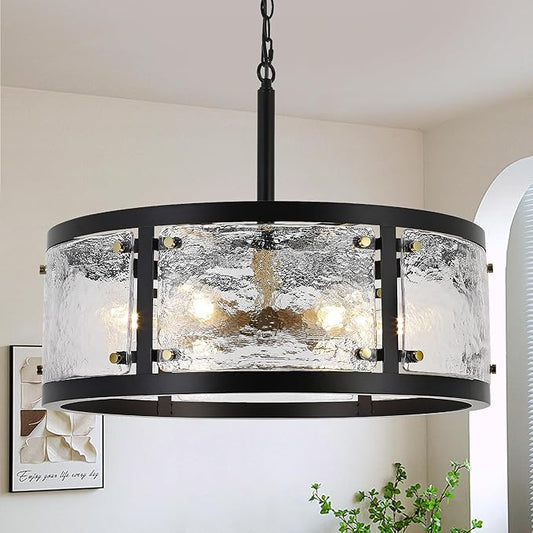 23.6" Large Farmhouse Drum Black Chandelier, 6-Light Vintage Round Glass Chandeliers for Dining Room, Industrial Light Fixture for Kitchen Living Room Stairwell, Clear Waterglass Drum Shade-CasaMuseHome