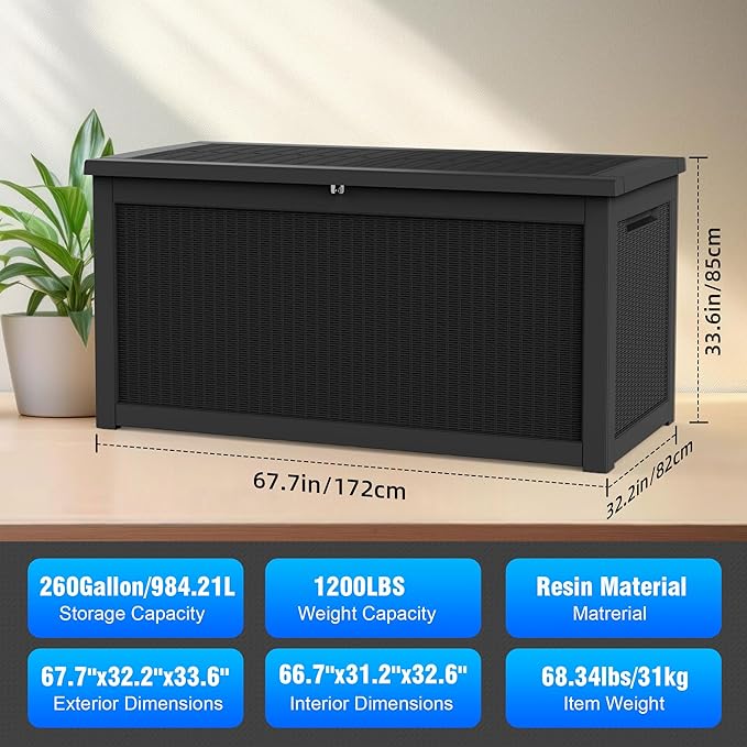 260 Gallon Deck Box XXL Large Outdoor Storage for Patio Furniture,Outdoor Cushions,Garden Tools and Pool Supplies,Waterproof,Resin,Lockable(Black Rattan)-CasaMuseHome