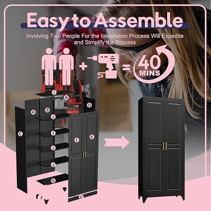 75" Storage Cabinet, Metal Pantry Cabinet, Kitchen Pantry Storage Cabinets with Doors and 4 Shelves, Cabinets for Laundry Room, Living Room, Dinning Room, Assembly Required, Black-CasaMuseHome