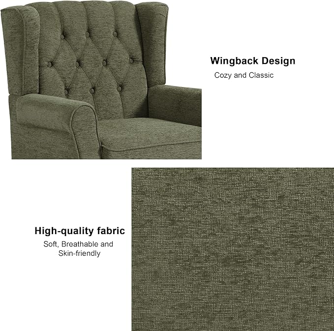 Accent Chair, Upholstered Armchair with Button Tufted High Back & Solid Wood Legs, Comfy Wingback Reading Single Sofa Chair for Small Spaces, Living Room, Bedroom (Green, Set of 2)-CasaMuseHome
