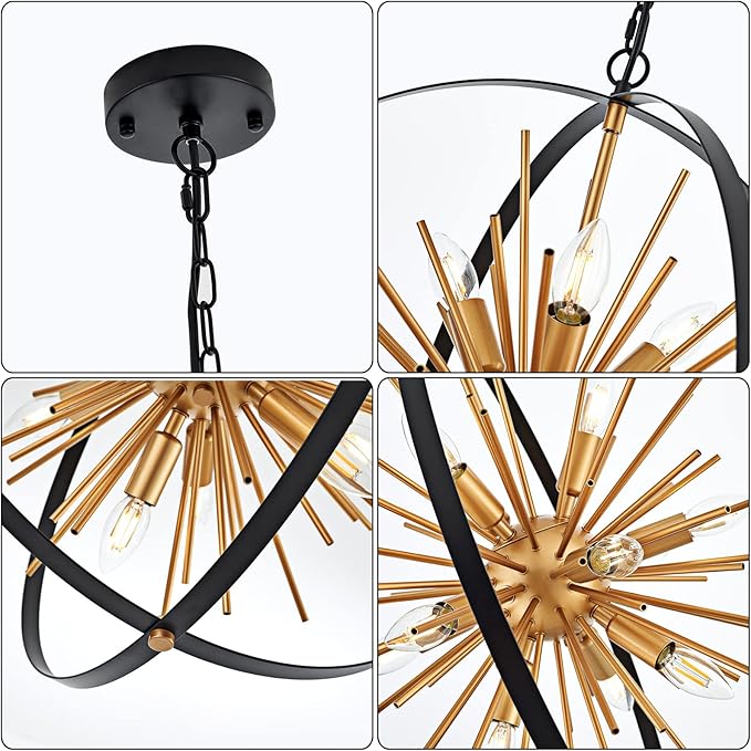 23.2'' Black Gold 12-Light Globe Sputnik Chandelier Modern Industrial Adjustable Hanging Ceiling Firework Pendant Light Fixture for Entryway Foyer Bedroom Dining Living Room Hallway-CasaMuseHome