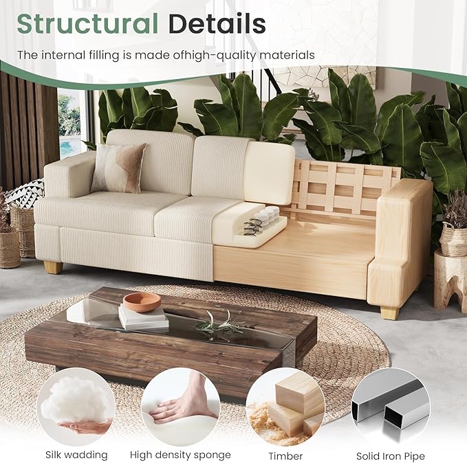 3 Pieces Corduroy Couch Set for Living Room, 3 Seater*2 & Loveseat Cloud Sofa, Deep Seat Floor Couch for Bedroom, Futon Modern Sofa Bed, White Corduroy-CasaMuseHome