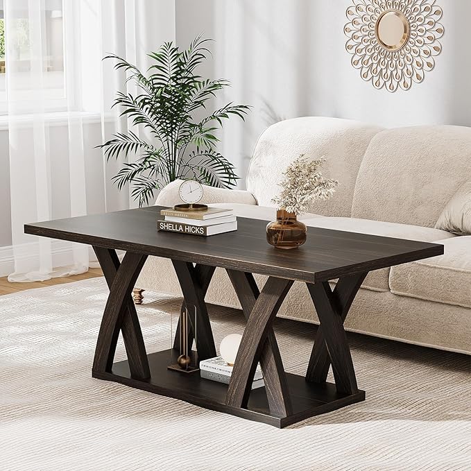 47” Wood Coffee Tables for Living Room Rustic Stands with Storage Shelf Brown Coffee Tables for Living Room. Farmhouse Center Stands with Shelf Farmhouse Rectangle Center Table-CasaMuseHome