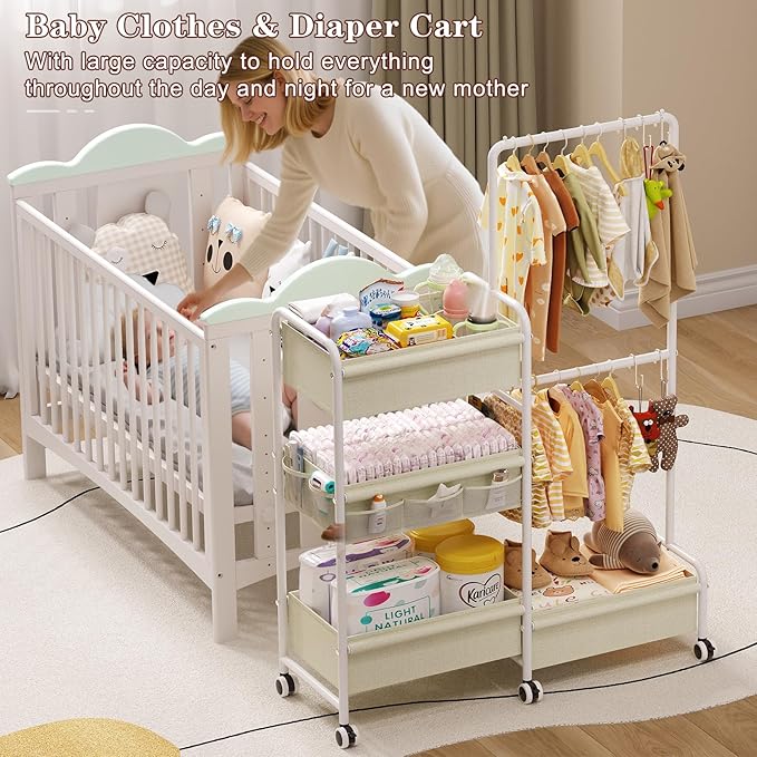 2in1 Baby Diaper Caddy & Clothes Organizer and Storage Rolling Cart, Large Capacity Nursery Organization For Baby Dresser,Changing Table, Crib, With 2 Dividers & 7 Pockets,White-CasaMuseHome