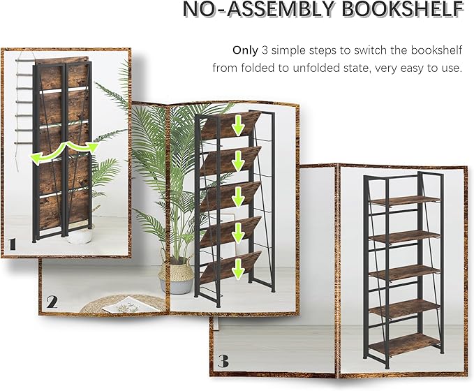 4NM No Assembly Foldable Bookshelf, 5-Shelf Collapsible Bookcase Storage for Small Spaces, 62.2" H, Rustic Brown and Black-CasaMuseHome
