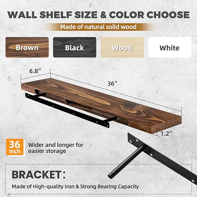 36"x6.8"x1.2" Solid Wood Floating Shelves 2-Pack - Rustic Brown Finish with Hidden Brackets, Perfect for Storage and Décor in Living Room, Kitchen, Bedroom-CasaMuseHome