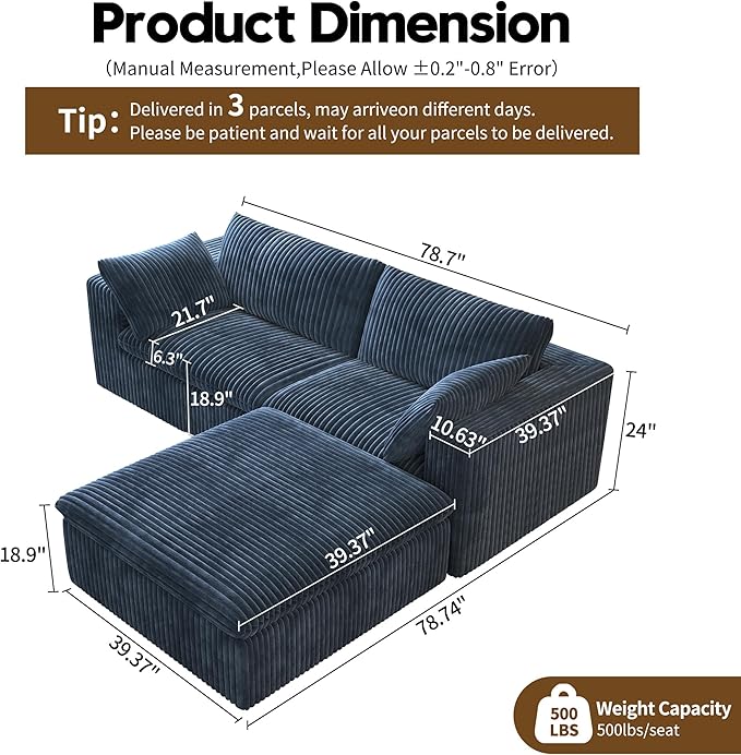78.74" L Shaped Modern Sofa Modular Sectional Cloud Couch with Ottoman,Upholstered Couches with Plush Corduroy Fabric for Living Room Furniture,Bedroom and Apartment,No Assembly Required,Blue-CasaMuseHome
