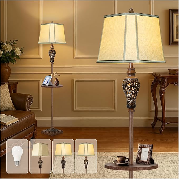 65" High Vintage Floor Lamp with Night Light and Glass Tray, Farmhouse Standing Lamp with Beige Faux Silk Shade, Retro Rustic Tall Lamp Decor for Living Room, Bedroom, Bedside, Corner (Bulb Included)-CasaMuseHome