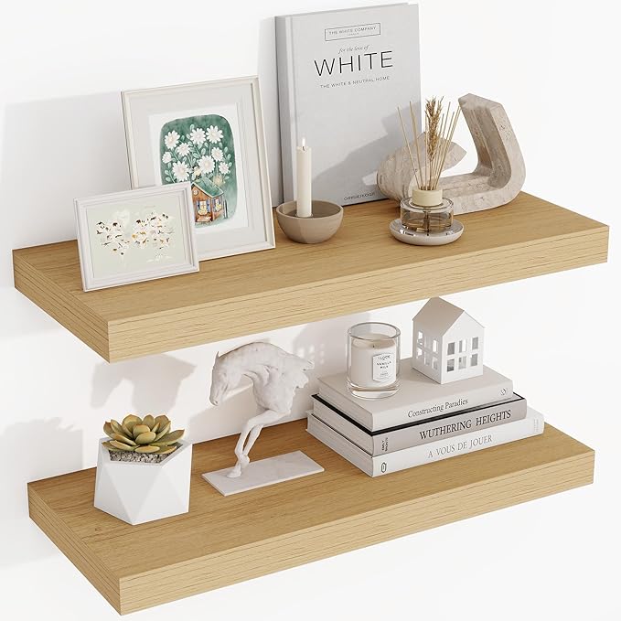 24 Inch Floating Shelves, 3D Textured Wood Grain, 24"x9.25"x1.5" Inch Deep Floating Shelves for Wall, Wooden Shelves for Bathroom, Bedroom, Living Room, Natural-CasaMuseHome