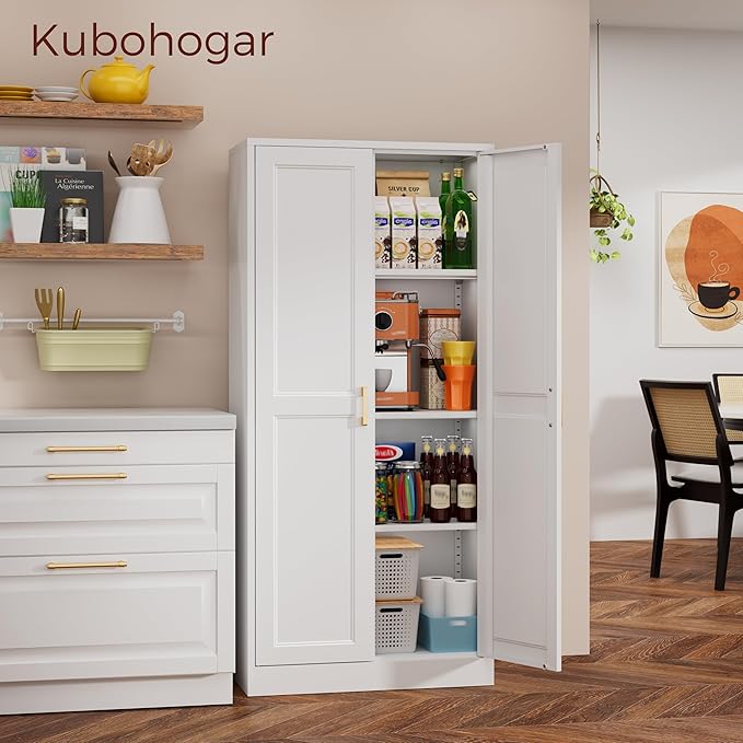 60" Tall Metal Pantry Cabinet, White Kitchen Pantry Storage Cabinet with 3 Adjustable Shelves and Gold Handles, Cupboard for Kitchen, Dining Room, Living Room, Bathroom-CasaMuseHome