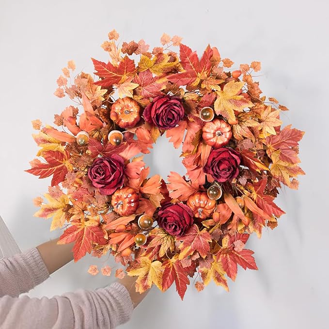 26'' Large Fall Wreath for Front Door, Autumn Wreaths for Outdoor Home Decor - Farmhouse Wreath with Maple Leaves, Pumpkins, Roses, Thanksgiving Decoration, Rustic Harvest Festival Door Hanging-CasaMuseHome