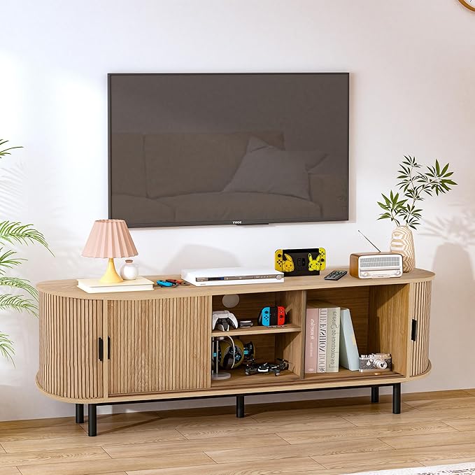 62" Tambour Door TV Stand,Wood Mid Century Modern TV Cabinet for Up to 75“ TV,Curved Edge Long TV Stand with Storage for Bedroom Living Room (Natural, 62.2inch)-CasaMuseHome