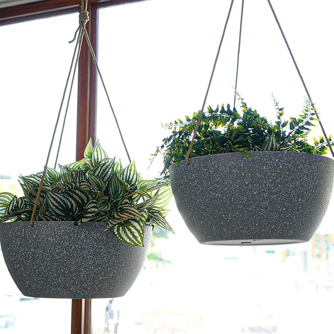 13 Inch 2 Pack Large Hanging Planters for Indoor Outdoor Plants, Plastic Hanging Basket Pots for House Plants Flowers, Grey-CasaMuseHome