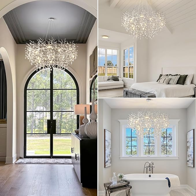 14-Light Modern Living Room Crystal Chandeliers,48" Round Silver Tree Branche Chandelier,Silver K9 Crystal Chandeliers for Dining Room,High Ceiling,Entryway、Foyer-CasaMuseHome