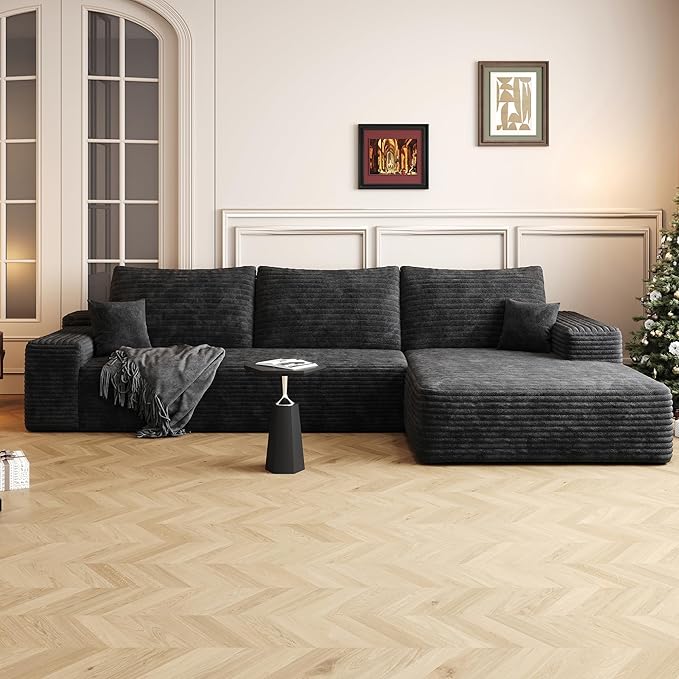 108" Sectional Couches for Living Room Modern Modular Sofa with L-Shape Couchs Upholstered Boneless Couch Deep Seat Sectional Couch with Chaise (Black, Right Facing Chaise+2Seaters)-CasaMuseHome
