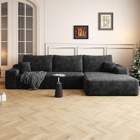 108" Sectional Couches for Living Room Modern Modular Sofa with L-Shape Couchs Upholstered Boneless Couch Deep Seat Sectional Couch with Chaise (Black, Right Facing Chaise+2Seaters)-CasaMuseHome