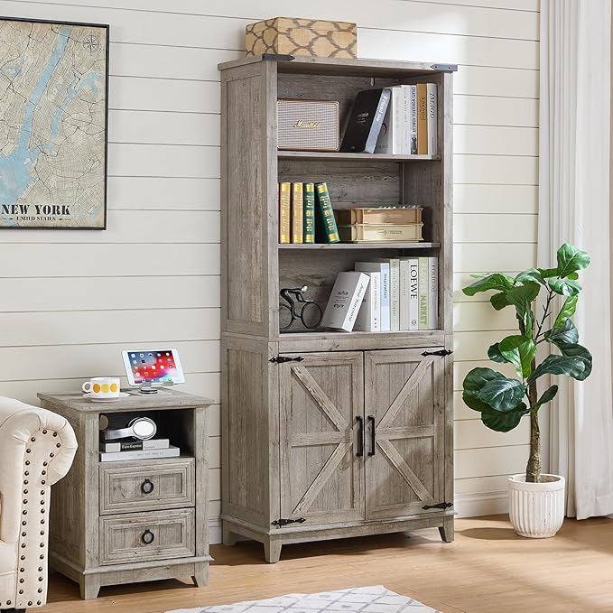 70in Tall Bookshelf 5 Tier Bookcase with Barn Doors and Adjustable Shelves, Grey Farmhouse Book Shelf with Storage Cabinet, Wood Freestanding Display Bookshelves for Bedroom, Living Room-CasaMuseHome