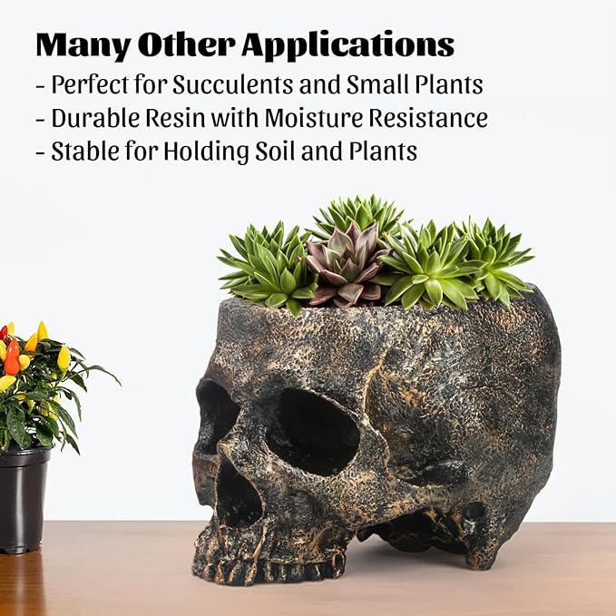 7lb Capacity Extra Large Halloween Skull Candy Dish - Deep Skull Head Halloween Candy Bowl Holder Artificial Resin Skulls Decor Indoor Outdoor Table Centerpieces Flower Pot Plant Office Pen Holder-CasaMuseHome