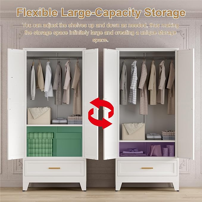 71'' Farmhouse Metal Wardrobe Cabinet with Hanging Rod, 2 Barn Door Wardrobe Closet with Adjustable Shelves,Drawer,for Dining Room,Bedroom,Living Room, Cloak Room,Office (White)-CasaMuseHome