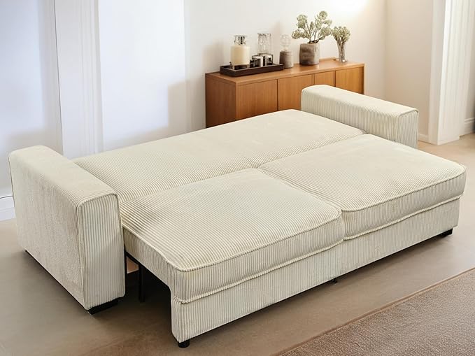 91-Inch Corduroy Pull Out Couch with Storage, Convertible Queen Sleeper Sofa with Pull Out Bed, Hide a Bed Couches for Bedroom, Guest Room, Apartment, Small Places, RV (Beige)-CasaMuseHome