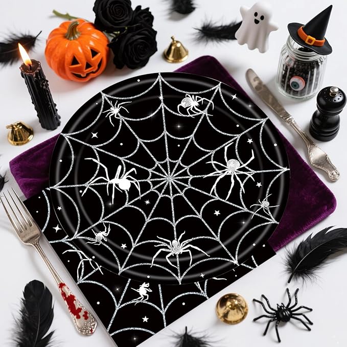 40Pcs Halloween Paper Plates and Napkins Party Supplies, Spider Web Plates Napkins Disposable Dinnerware Set for Spooky Halloween Party Decorations-CasaMuseHome