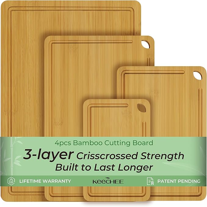 4-Pcs Natural Wood Cutting Board Set Kitchen Tools with Juice Groove, Wooden Chopping Board for Meat, Fruit, Vegetables & Cheese (Pre Oiled, Natural)-CasaMuseHome