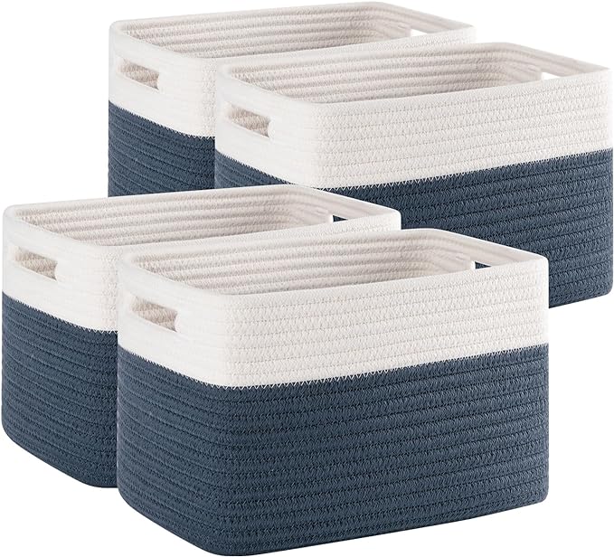 4 Pack Storage Baskets for Organizing, Woven Baskets for Shelves - Perfect for Toys, Books, Towels, and Clothes, Durable Gift Basket Bins Toy Storage, 12.7''L x9''W x7.8''H, Blue and White-CasaMuseHome