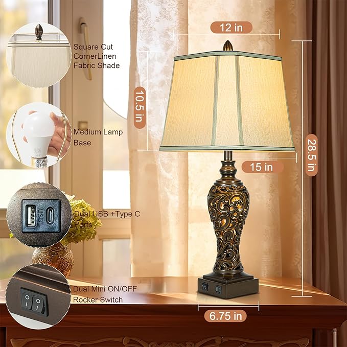 28.5" high Vintage Brown Table Lamps Set of 2 - Bedside Lamp with Faux Silk Shades - for Bedroom and Living Room with USB and Nightlight - Perfect for Nightstands and Bedrooms (Bulb Included)-CasaMuseHome