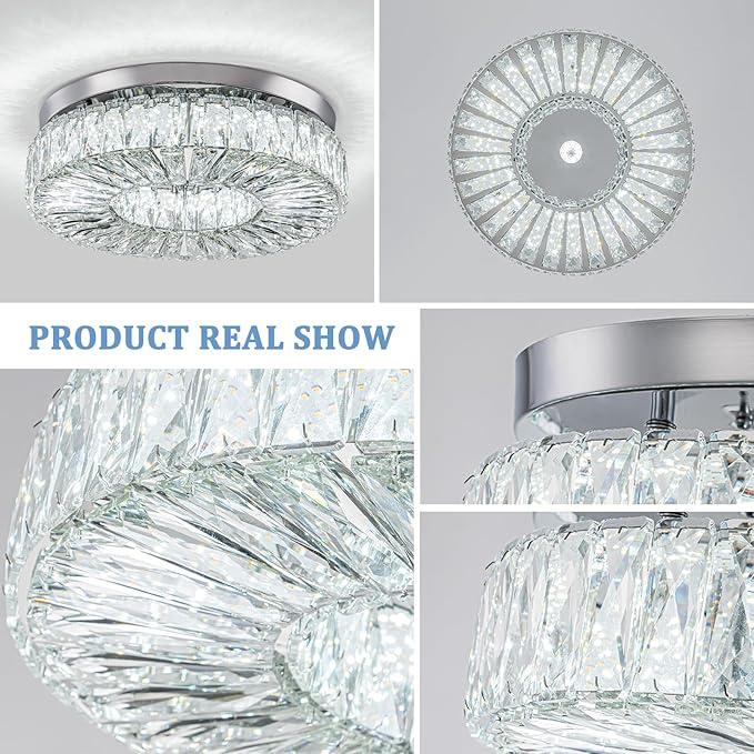 16.5 Inch Dimmable Chandelier with Remote Control LED Crystal Chandelier Modern Flush Mount Ceiling Light Fixtures for Living Room Bedroom Dining Room Entrance (dimmable-16.5")-CasaMuseHome