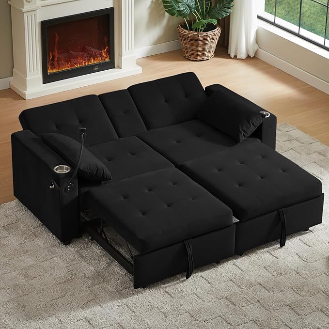 70" Queen Size Sofa Bed for Living Room – Pull-Out Sleeper Sofa Couch with Cup Holder, Phone Holder, USB Charging Port, Solid Wood Frame, Easy Assembly, Space-Saving Design for Small Apartments-CasaMuseHome