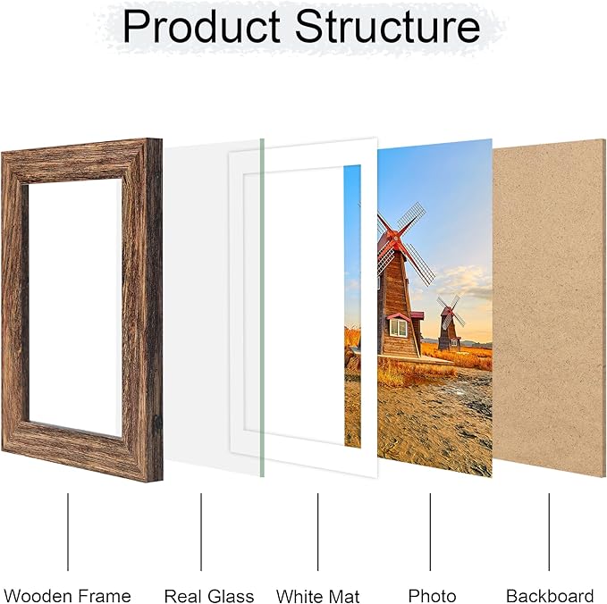 5x7 Picture Frame Set of 4, 5 x 7 Wood Photo Frames with Mat for 4x6, Natural Wooden Frame with Real Glass Cover for Wall and Tabletop Display,Rustic Brown-CasaMuseHome