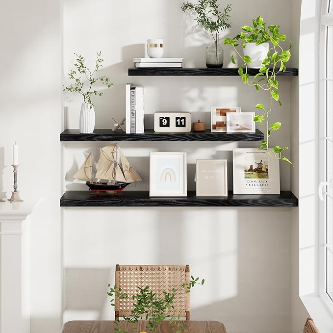 40 Inch Floating Shelves Black, 40" W x 9" D Floating Shelf Set of 2, Farmhouse Wood Wall Shelves for Bedroom, Kitchen, Wall Mounted Deep Shelving for Home Decor-CasaMuseHome