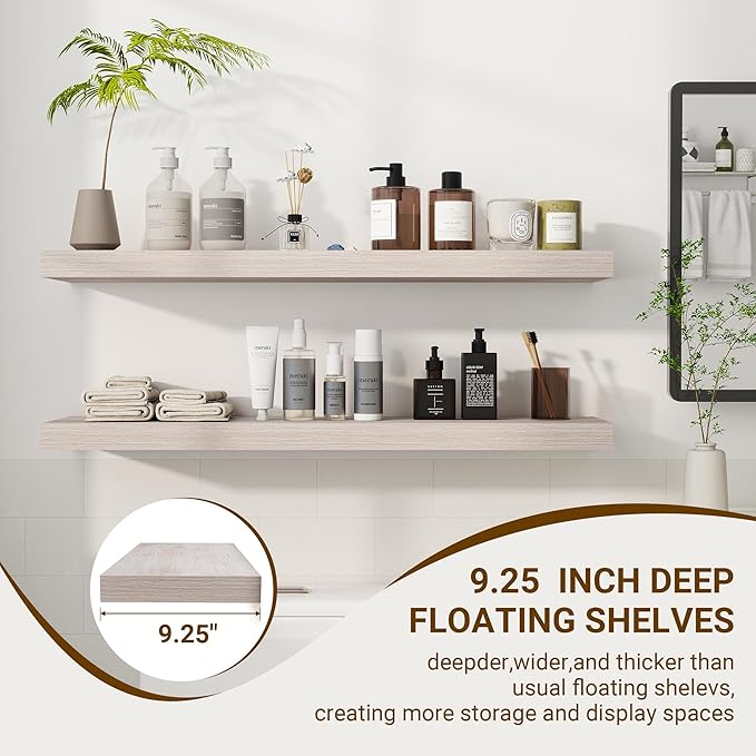 36 Inch Floating Shelves, 3D Textured Wood Grain, 36"x9.25"x1.5" Inch Deep Floating Shelves for Wall, Wooden Shelves for Bathroom, Bedroom, Living Room, Washed White-CasaMuseHome