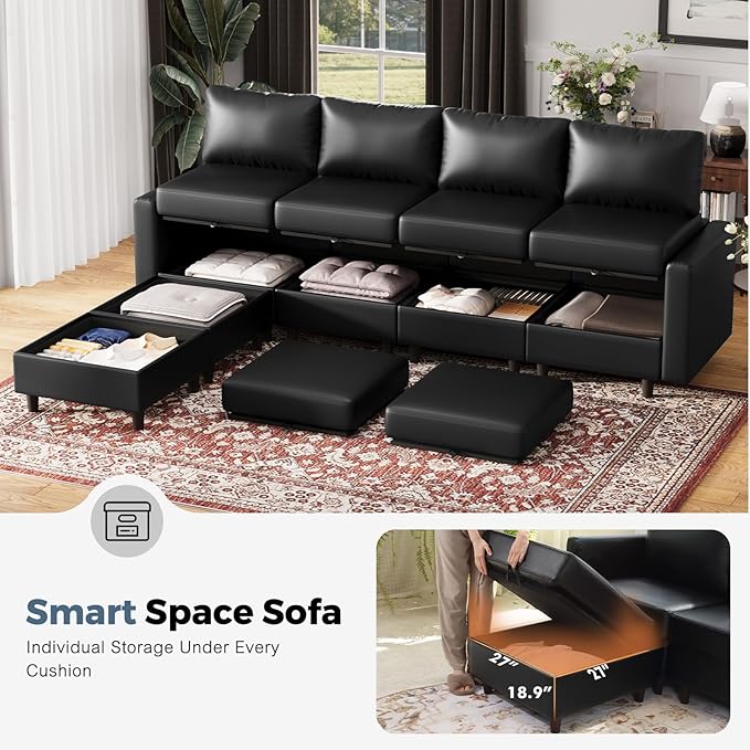 118.5" Faux Leather Modular Sectional Sofa, L Shaped Couch Set for Living Room, 5-Seater Comfy Cloud Couches with Movable Storage Ottoman,DIY Combination - Black-CasaMuseHome
