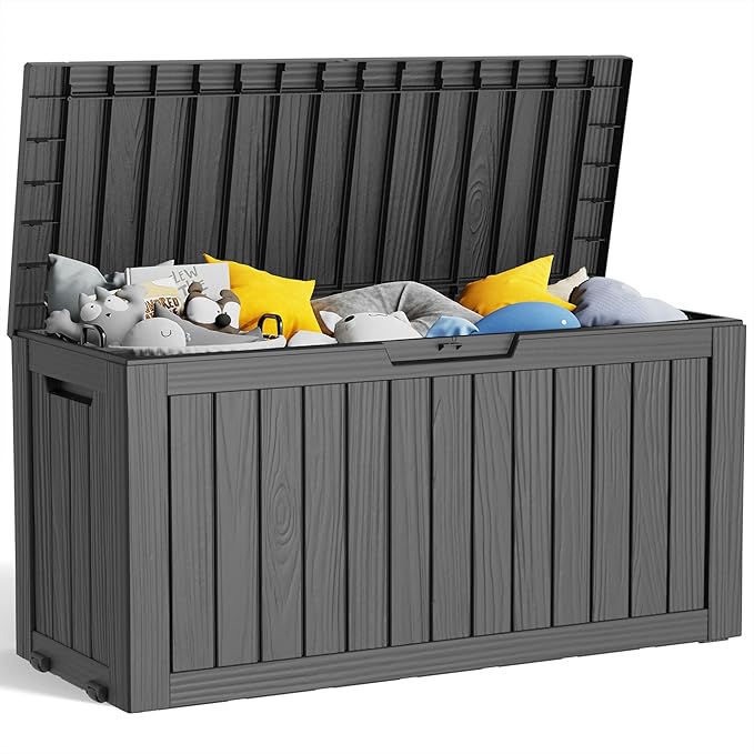 75 Gallon Resin Deck Box, Lockable Patio Outdoor Storage Box for Furniture, Garden Tools and Tools Storage, Waterproof Outside Storage Boxes - Black-CasaMuseHome