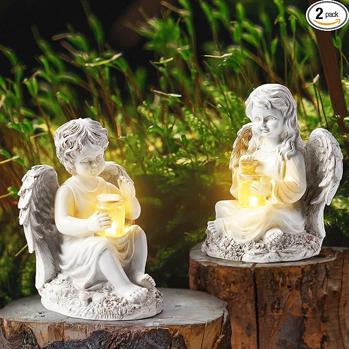 2 Pack Outdoor Angel Statue Garden Decor, Classic Solar Angel Figurine Decoration for Yard Art Indoor Porch Home Lawn Outside Light up Cherub Sculpture Guardian Wings Memorial Gifts-CasaMuseHome
