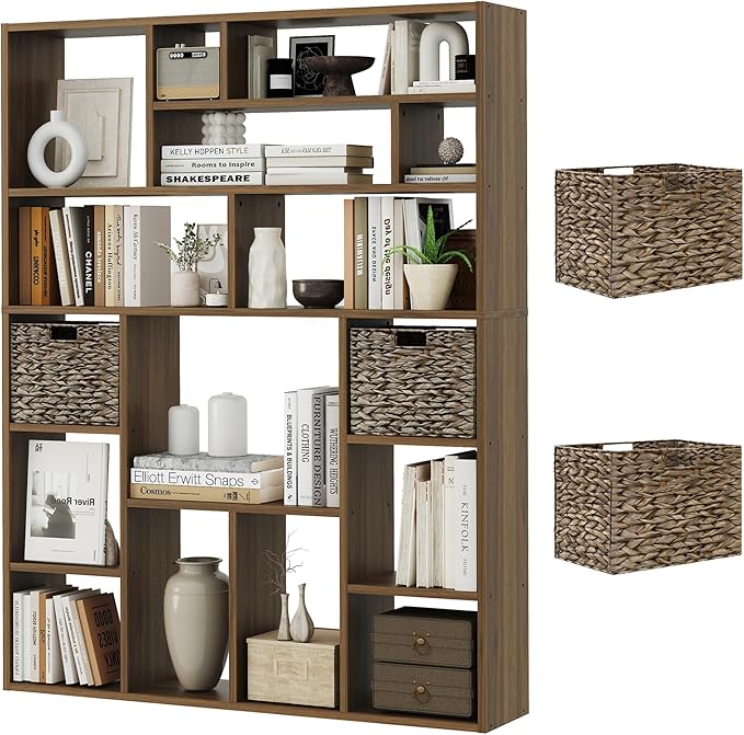 71” Tall Wooden Bookcase 6-Tier Large Bookshelves with 2 Woven Baskets, 55" Wide Floor Standing Wood Display Organizer Shelves for Living Room（Brown）-CasaMuseHome