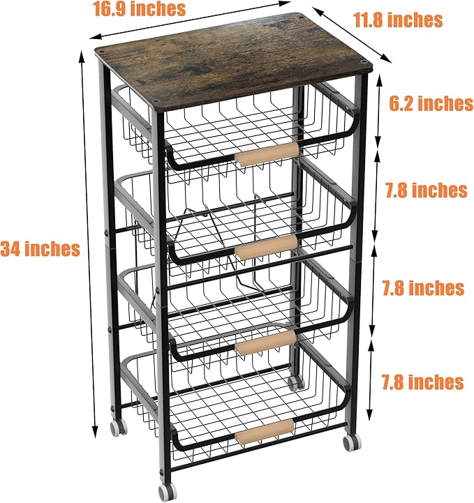 5-Layer Fruit Basket Kitchen Food Organizer and Rack, Stackable Storage Cart with Desktop, Pull-Out Hollow Metal Basket, Wheeled Sorting Rack Spice Rack, Black-CasaMuseHome