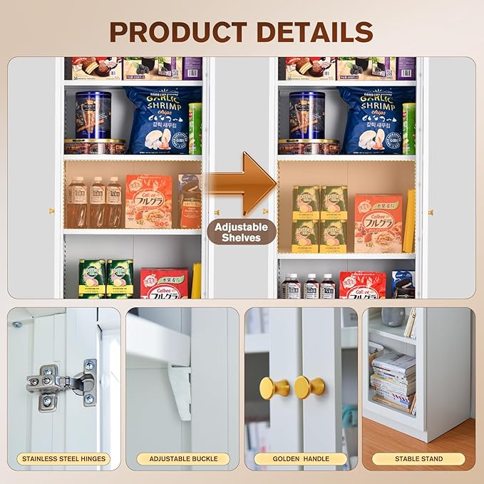 5 Tier Metal Curio Cabinets, Modern Bookshelf Cabinet with 4 Adjustable Shelves, Cabinet Display Case for Home Office, Living Room, Pantry (White-23.54W)-CasaMuseHome