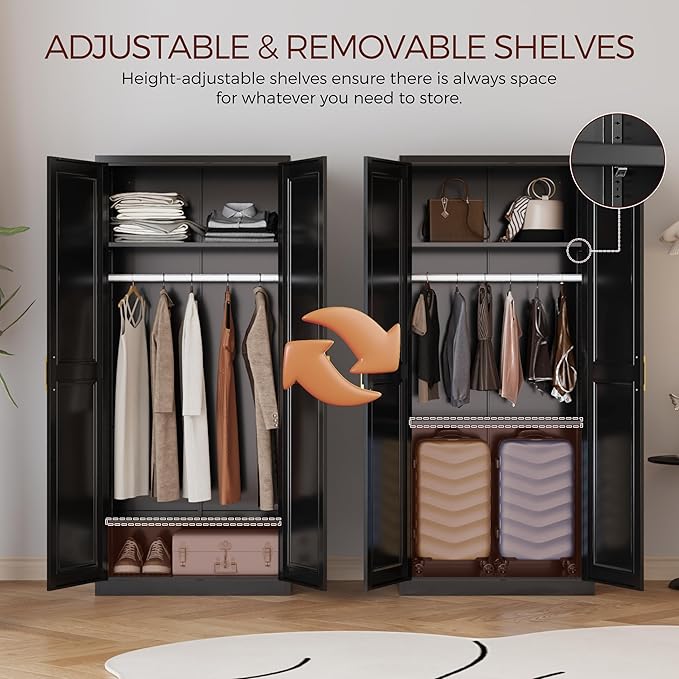 71" Metal Armoire Wardrobe Closet with 2 Doors, Tall Wardrobe Cabinet with Hanging Rod and Adjustable Shelves, Black Clothing Storage Cabinets for Bedroom, Laundry Room, Home Office-CasaMuseHome