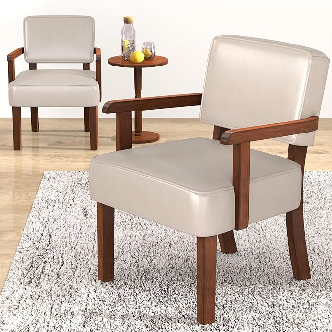 Accent Chair Set of 2 with Table, PU Leather Chair for Living Room Oversized Armchair with Soft Seat and Armrests for Bedroom Dinning Reading Waiting Room (Leather Beige)-CasaMuseHome