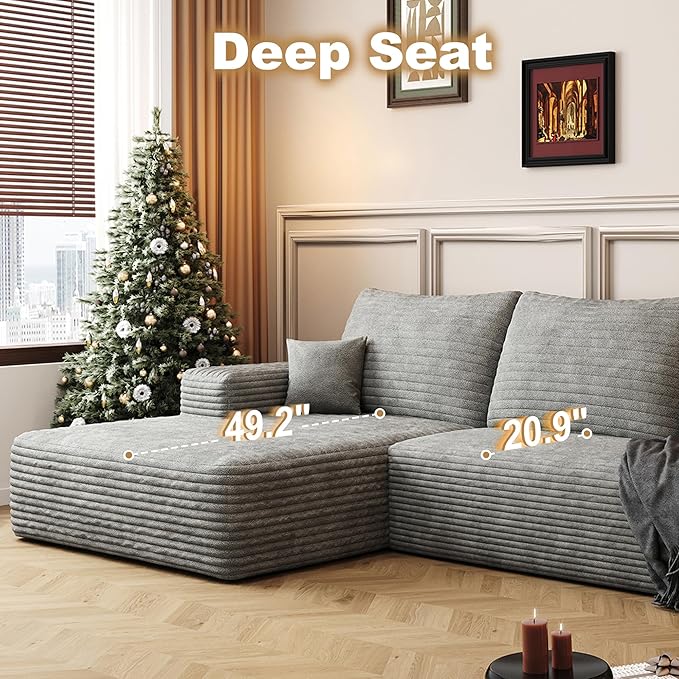 108" Sectional Couches for Living Room Modern Modular Sofa with L-Shape Couchs Upholstered Boneless Couch Deep Seat Sectional Couch with Chaise (Grey, Left Facing Chaise+2Seaters+1Ottoman)-CasaMuseHome