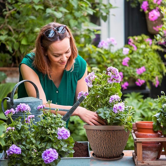 4 Pack 10 Inch Plant Pot, Flower Pots Outdoor with Drainage Hole & Tray, Thickened Plastic Planters for Indoor Outdoor Plants, Lightweight Modern Decorative Garden Pot with Saucer-CasaMuseHome
