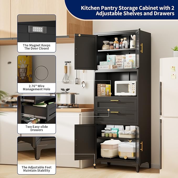 75” Tall Kitchen Pantry Storage Cabinet, Metal Storage Cabinet with 2 Drawers and Adjustable Shelves, Kitchen Pantry Cupboard, Freestanding Cupboard for Bathroom, Living Room(Black)-CasaMuseHome