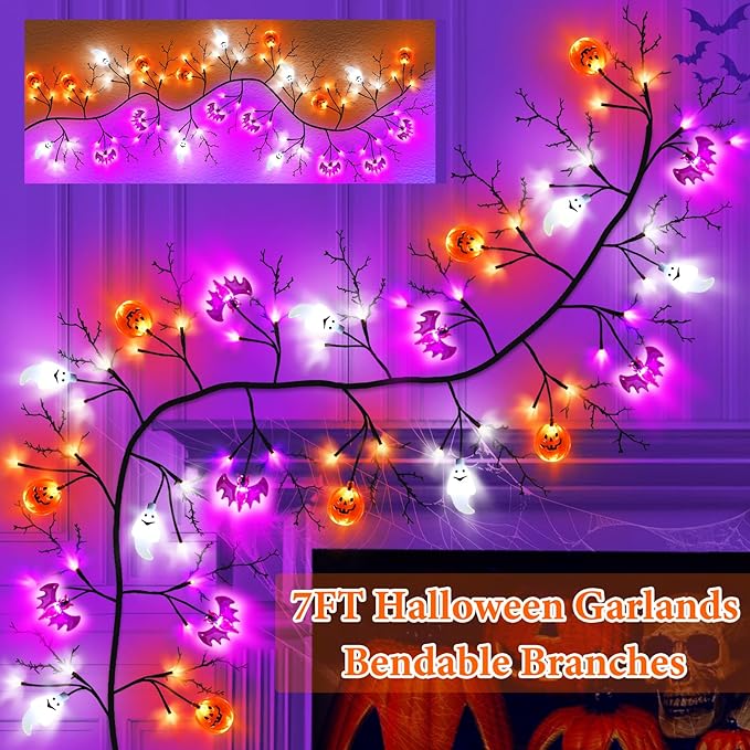 7 Ft 63 LED Halloween Willow Vine Twig Garland with 8 Modes Timer Orange Purple White Lights,7 Pumpkin Bat Ghost, Garland with Battery Operated for Wall Fireplace Halloween Decorations-CasaMuseHome