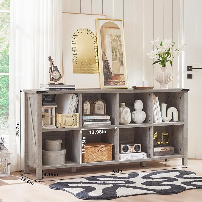 8 Cube Book Shelf, Farmhouse Wood Long Storage Organizer Bookcase, 62" Horizontal Grey Oak Console Closet Bookshelf, Hallway TV Stand for Entryway, Display Cabinet Book Case for Living Room-CasaMuseHome