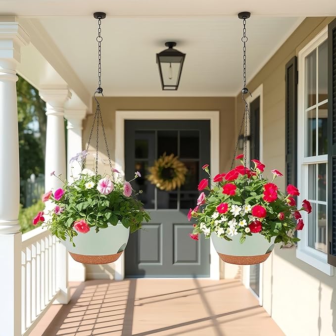 2 Pack 12 Inch Large Hanging Planters with Chains Self Watering Green Brown Plastic Hanging Pots for Indoor Outdoor Plants, Garden Porch Home Decor，Green Brown-CasaMuseHome